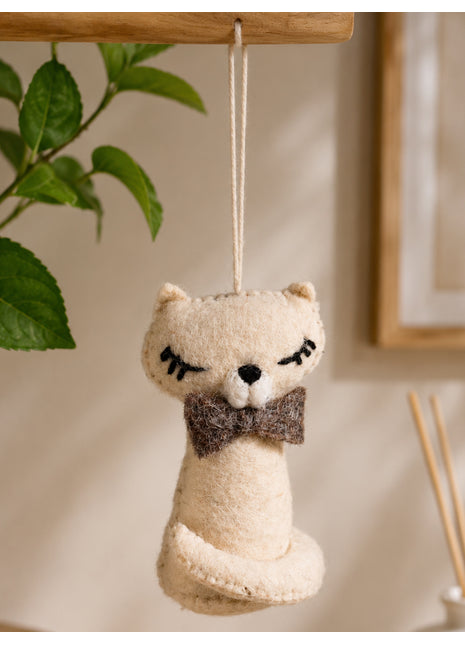 Handmade Wool Felt Cat Hanging Ornament – Cute Cream Kitten with Bow Tie for Nursery
