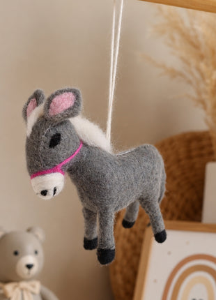 Handmade Wool Felt Donkey Hanging Ornament – Cute Miniature Farm Animal Nursery & Home Decor