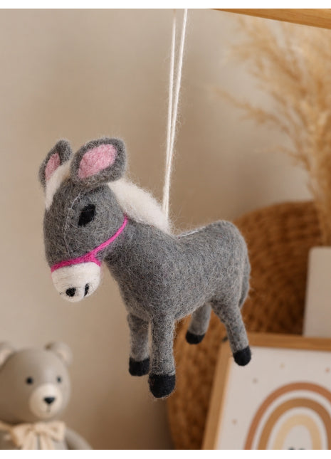 Handmade Wool Felt Donkey Hanging Ornament – Cute Miniature Farm Animal Nursery & Home Decor