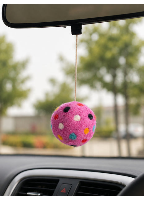Handmade Wool Felt Polka Dot Car Charm – Pink Polka Dot Essential Oil Diffuser Ball Hanging Car Ornament