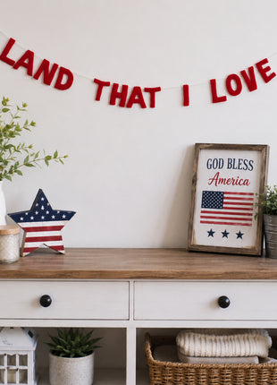 Handmade Wool Felt Patriotic Letter Garland – "Land That I Love" Red Banner