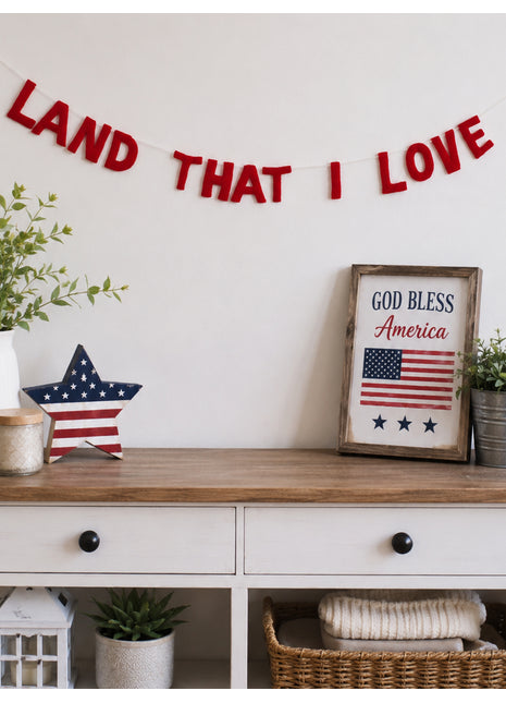 Handmade Wool Felt Patriotic Letter Garland – "Land That I Love" Red Banner