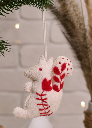 Handmade Wool Felt Squirrel Hanging Ornament – Nordic Embroidered Woodland Holiday Decor