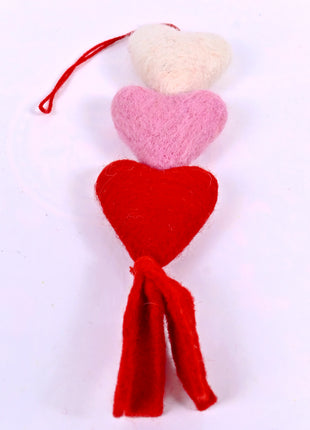 Handmade Wool Felt Heart Hanging Ornament – Triple Valentine Hearts Garland Decor