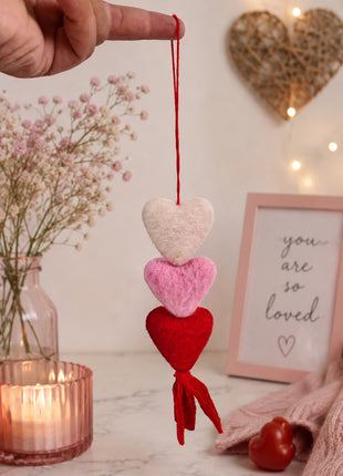 Handmade Wool Felt Heart Hanging Ornament – Triple Valentine Hearts Garland Decor