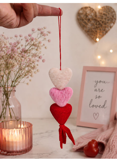 Handmade Wool Felt Heart Hanging Ornament – Triple Valentine Hearts Garland Decor
