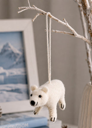 Handmade Wool Felt Polar Bear Hanging Ornament – Cute Arctic Animal Décor