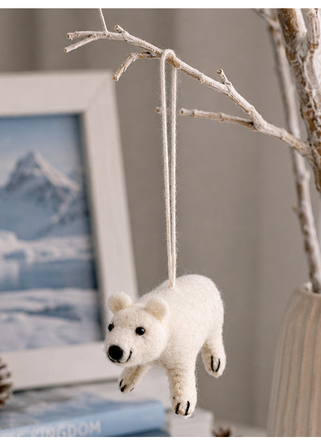 Handmade Wool Felt Polar Bear Hanging Ornament – Cute Arctic Animal Décor