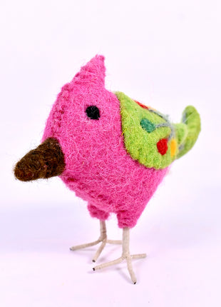 Handmade Wool Felt Pink Exotic Bird Hanging Ornament – Colorful Embroidered Tropical Songbird Nursery