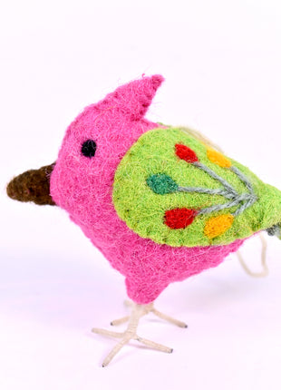 Handmade Wool Felt Pink Exotic Bird Hanging Ornament – Colorful Embroidered Tropical Songbird Nursery