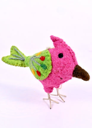 Handmade Wool Felt Pink Exotic Bird Hanging Ornament – Colorful Embroidered Tropical Songbird Nursery