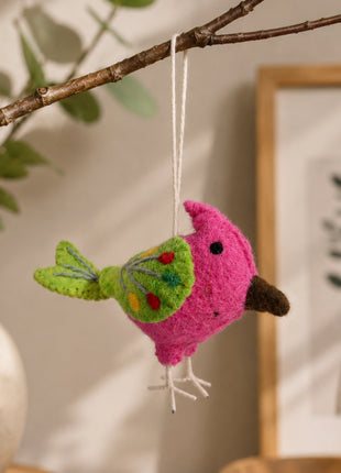 Handmade Wool Felt Pink Exotic Bird Hanging Ornament – Colorful Embroidered Tropical Songbird Nursery