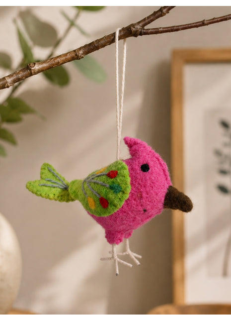 Handmade Wool Felt Pink Exotic Bird Hanging Ornament – Colorful Embroidered Tropical Songbird Nursery