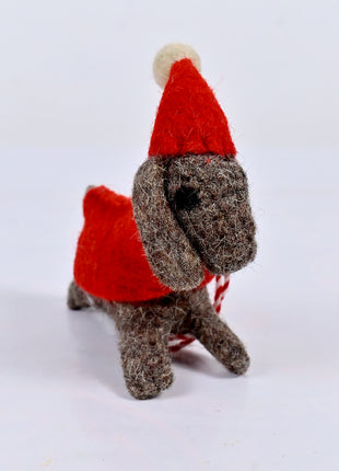 Handmade Wool Felt Dog Christmas Ornament – Cute Heather Grey Puppy in Red Santa Hat & Sweater Holiday Decor