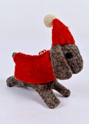 Handmade Wool Felt Dog Christmas Ornament – Cute Heather Grey Puppy in Red Santa Hat & Sweater Holiday Decor