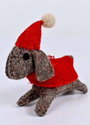 Handmade Wool Felt Dog Christmas Ornament – Cute Heather Grey Puppy in Red Santa Hat & Sweater Holiday Decor