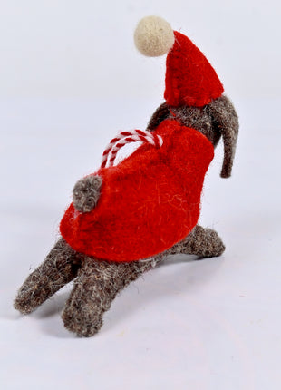 Handmade Wool Felt Dog Christmas Ornament – Cute Heather Grey Puppy in Red Santa Hat & Sweater Holiday Decor