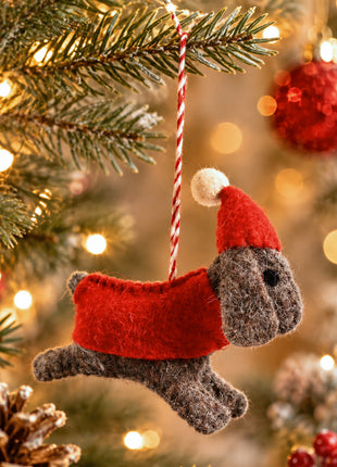 Handmade Wool Felt Dog Christmas Ornament – Cute Heather Grey Puppy in Red Santa Hat & Sweater Holiday Decor