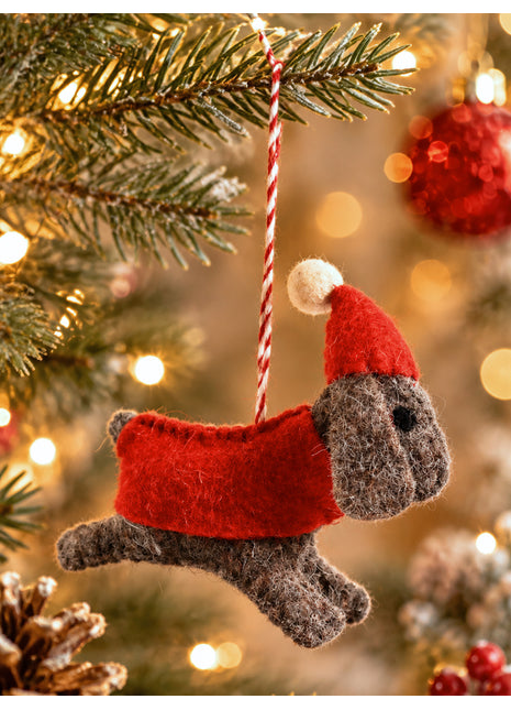 Handmade Wool Felt Dog Christmas Ornament – Cute Heather Grey Puppy in Red Santa Hat & Sweater Holiday Decor