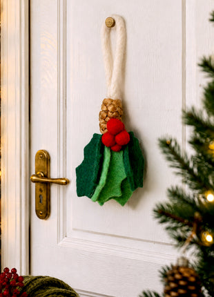 Handmade Wool Felt Holly Berries Christmas Door Hanger – Festive Holiday Wall Hanging & Tree Ornament Decor