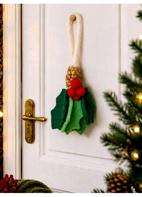 Handmade Wool Felt Holly Berries Christmas Door Hanger – Festive Holiday Wall Hanging & Tree Ornament Decor