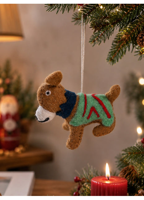Handmade Wool Felt Terrier Dog Christmas Ornament – Cute Brown Puppy in Green Holiday Sweater Decor