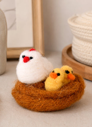 Handmade Wool Felt Hen and Chicks in Nest Figurine – Cute Spring Easter Bird Family Nursery & Shelf Decor