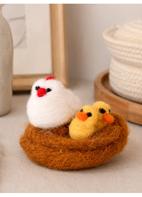 Handmade Wool Felt Hen and Chicks in Nest Figurine – Cute Spring Easter Bird Family Nursery & Shelf Decor