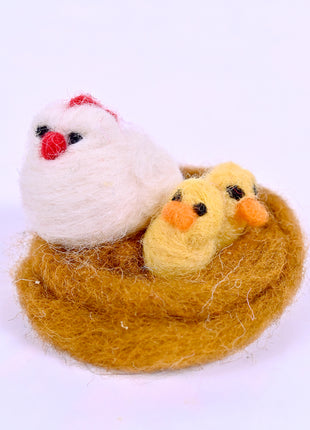 Handmade Wool Felt Hen and Chicks in Nest Figurine – Cute Spring Easter Bird Family Nursery & Shelf Decor