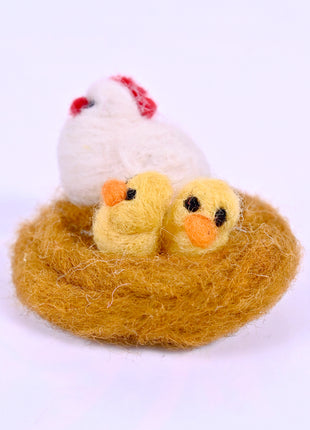 Handmade Wool Felt Hen and Chicks in Nest Figurine – Cute Spring Easter Bird Family Nursery & Shelf Decor