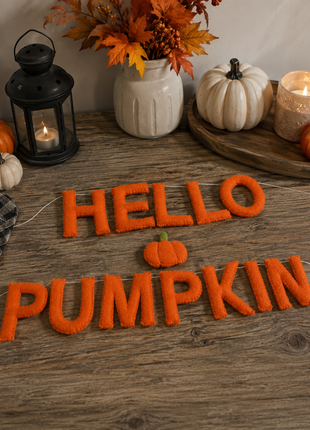 Hello Pumpkin Wool Felt Garland – Handmade Halloween Felt Banner for Autumn, Fall & Thanksgiving Home Decor