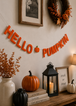 Hello Pumpkin Wool Felt Garland – Handmade Halloween Felt Banner for Autumn, Fall & Thanksgiving Home Decor