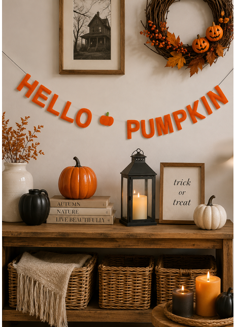 Hello Pumpkin Wool Felt Garland – Handmade Halloween Felt Banner for Autumn, Fall & Thanksgiving Home Decor