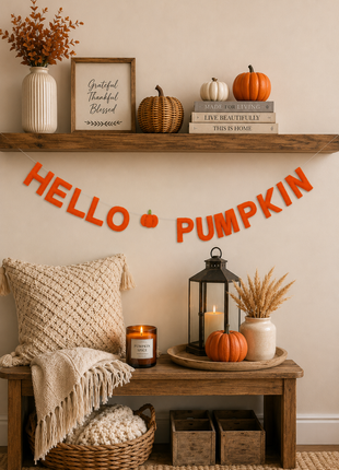 Hello Pumpkin Wool Felt Garland – Handmade Halloween Felt Banner for Autumn, Fall & Thanksgiving Home Decor