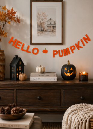 Hello Pumpkin Wool Felt Garland – Handmade Halloween Felt Banner for Autumn, Fall & Thanksgiving Home Decor