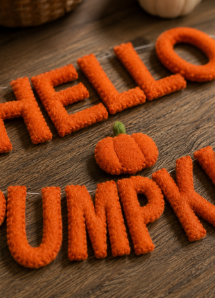 Hello Pumpkin Wool Felt Garland – Handmade Halloween Felt Banner for Autumn, Fall & Thanksgiving Home Decor