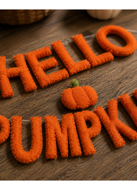 Hello Pumpkin Wool Felt Garland – Handmade Halloween Felt Banner for Autumn, Fall & Thanksgiving Home Decor