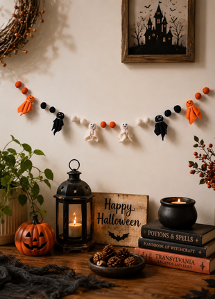 Halloween Ghost Wool Felt Garland – Handmade Orange, Black & White Ghost Felt Banner