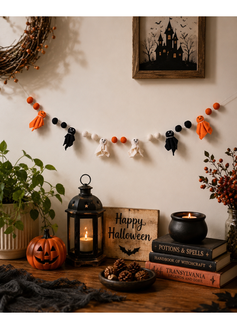 Halloween Ghost Wool Felt Garland – Handmade Orange, Black & White Ghost Felt Banner