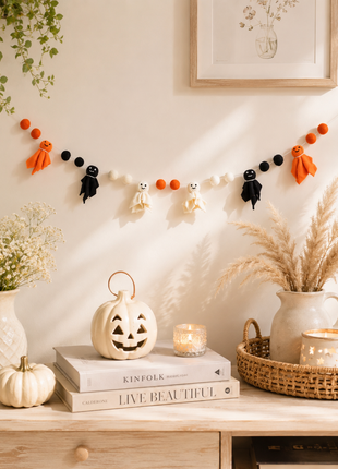 Halloween Ghost Wool Felt Garland – Handmade Orange, Black & White Ghost Felt Banner