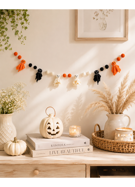 Halloween Ghost Wool Felt Garland – Handmade Orange, Black & White Ghost Felt Banner