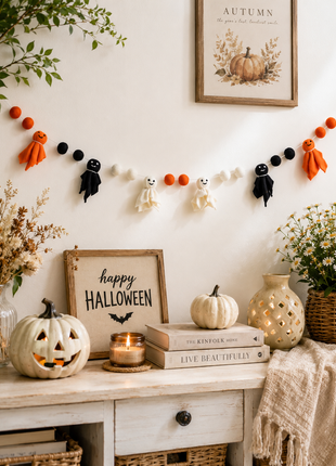 Halloween Ghost Wool Felt Garland – Handmade Orange, Black & White Ghost Felt Banner