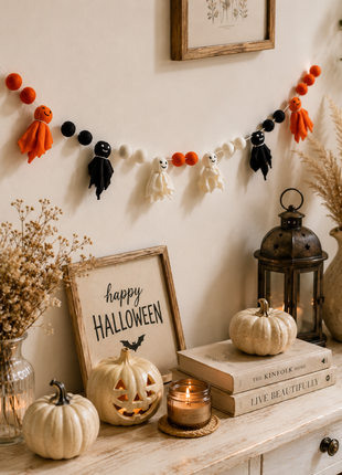 Halloween Ghost Wool Felt Garland – Handmade Orange, Black & White Ghost Felt Banner