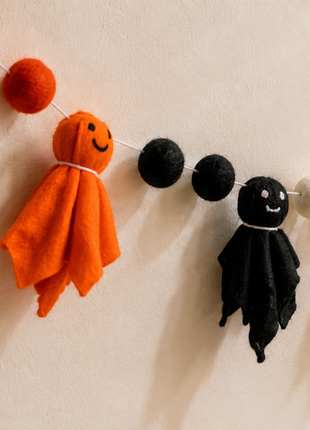 Halloween Ghost Wool Felt Garland – Handmade Orange, Black & White Ghost Felt Banner