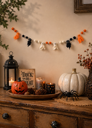 Halloween Ghost Wool Felt Garland – Handmade Orange, Black & White Ghost Felt Banner