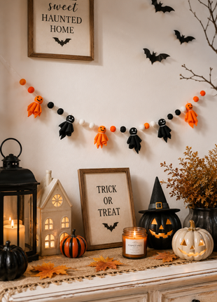 Halloween Ghost Wool Felt Garland – Handmade Orange & Black Ghost Felt Banner