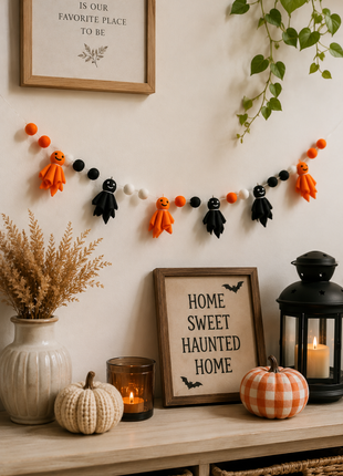 Halloween Ghost Wool Felt Garland – Handmade Orange & Black Ghost Felt Banner