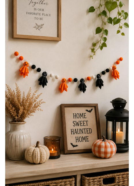 Halloween Ghost Wool Felt Garland – Handmade Orange & Black Ghost Felt Banner