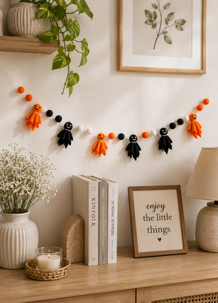 Halloween Ghost Wool Felt Garland – Handmade Orange & Black Ghost Felt Banner