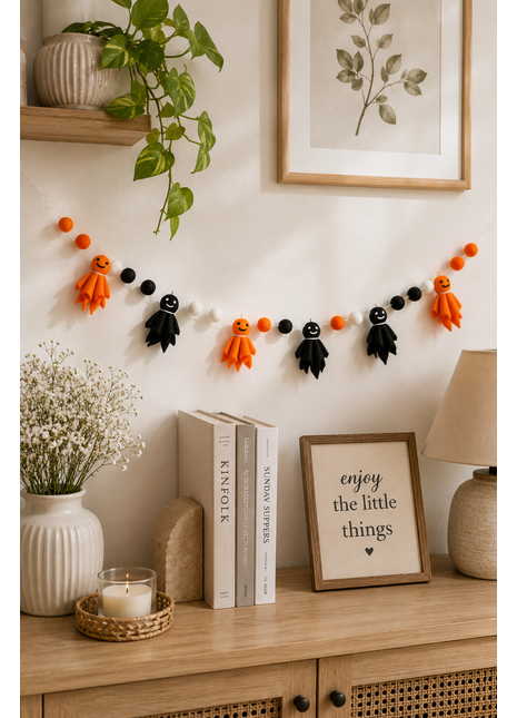 Halloween Ghost Wool Felt Garland – Handmade Orange & Black Ghost Felt Banner